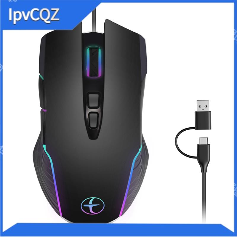 [IpvCQZ]Ergonomic Wired Gaming Mouse with RGB Backlit, USB/Type-C Port, Moving Mouse Jiggler, 4 Adjustable DPI, Keeps Computer Awake