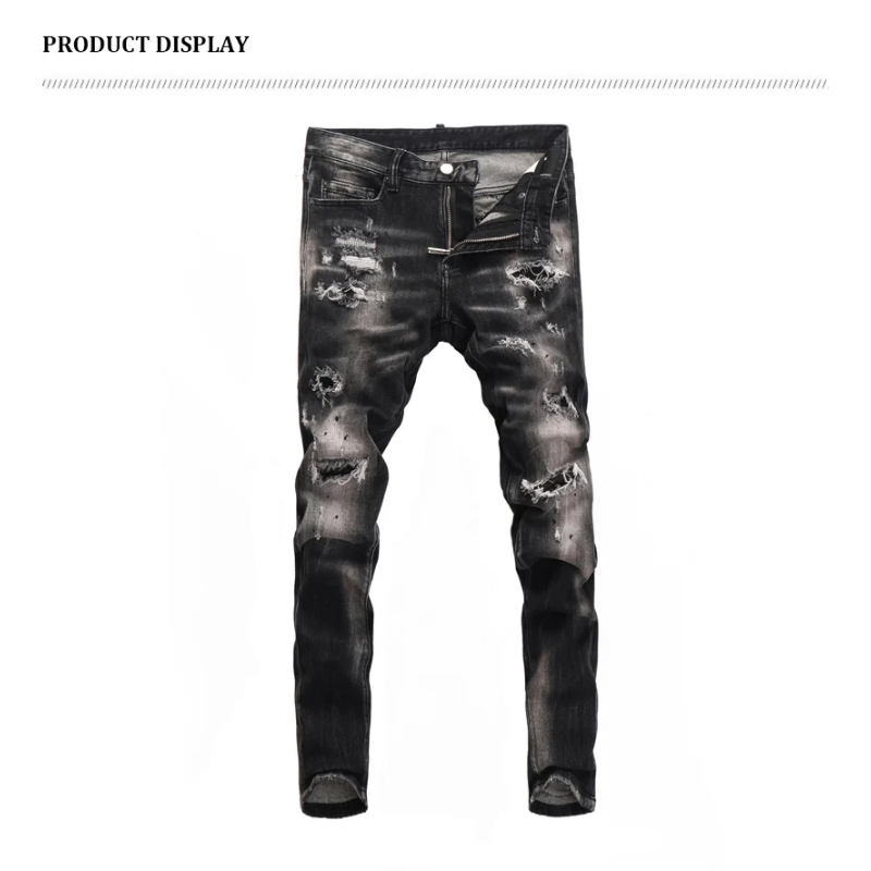 【A Popular】  Street Fashion Men Jeans Retro Black Gray Elastic Stretch Slim Fit Hole Ripped Jeans Men Patched Designer Hip Hop Brand Pants