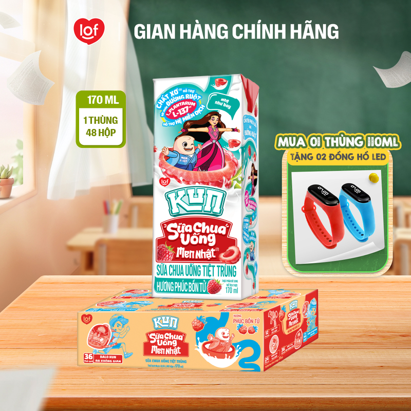 Sữa chua uống tiệt trùng KUN hương phúc bồn tử thùng 48 hộp x 170ml