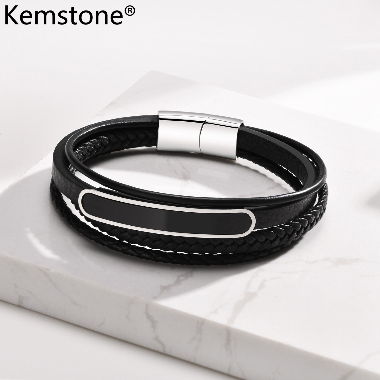 Kemstone Stainless Steel Four Layers Genuine Leather Black Empty Bangle