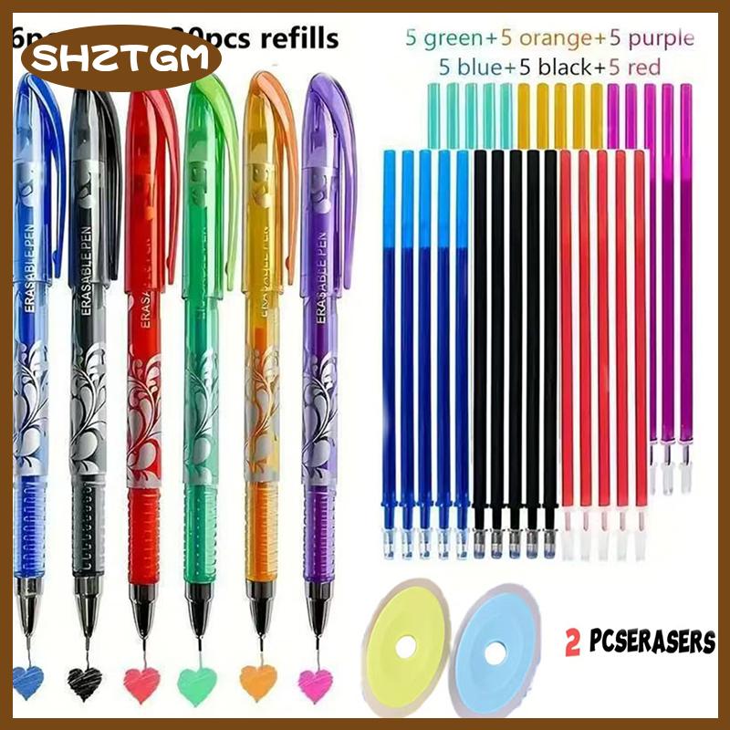 SHZTGM 1 Set Blue black red green orange purple Ink Writing Gel Pens 6 Colors Neutral Erasable Pen Washable Handle School Stationery