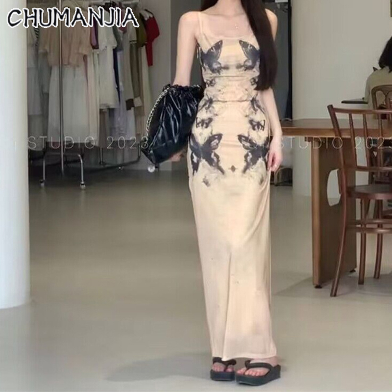 Chu Man Jia Đầm bươm bướm in màu mực nữ A-line Váy treo dài trung bình