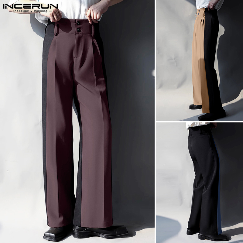 ChArmkpR Store quần nam hiệu incerun thường ngày eo cao nút lên quần thẳng trang trọng tương phản (phong cách Hàn Quốc)