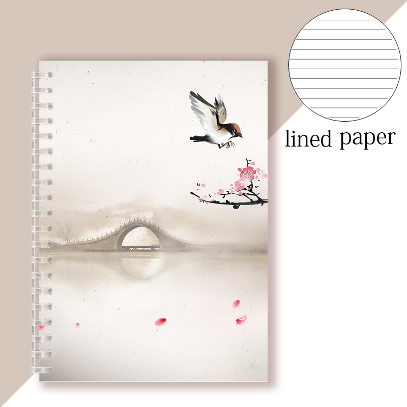 Chinoiserie Spiral Notebook Note Book Chinese Style Dairy Vintage Retro Landscape Tree Bird Ink Pain