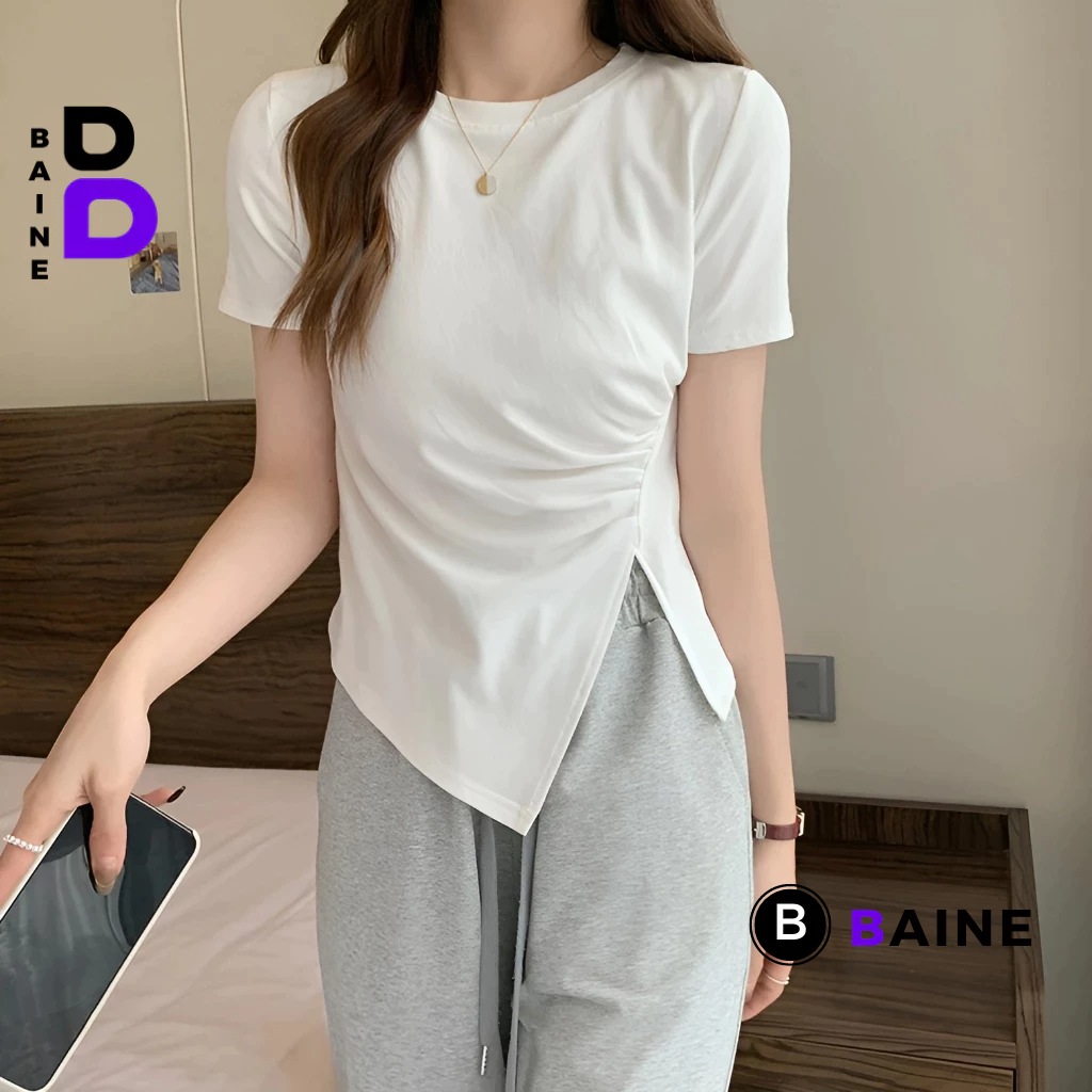 Áo Thun Tay Ngắn NHÚN EO VẠT LỆCH XẺ TÀ Cổ Tròn Nữ , Áo Cộc Tay Vạt Chéo Nhọn Thun Gân Kiểu Hàn Quốc