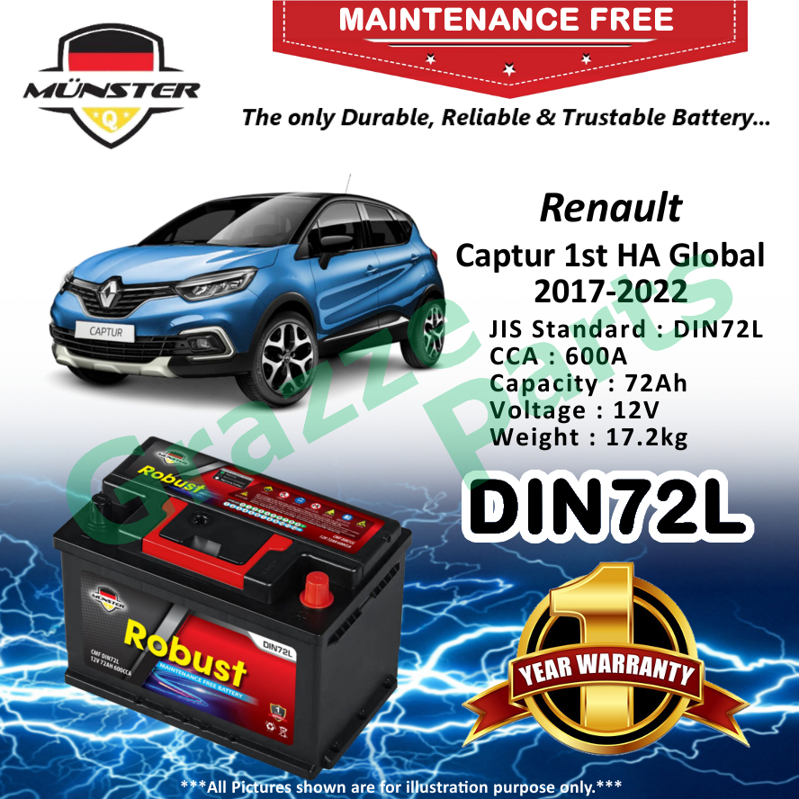 Mnster Robust MF CMF DIN72 | DIN72L (72AH) Car Battery Bateri Kereta Renault Captur 1st I HA Global 