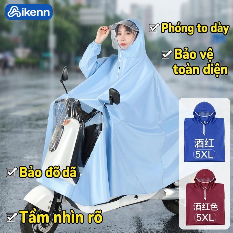 Aikenn Áo mưa trong suốt áo mưa xe máy áo mưa xe đạp chống nước chống gió có mũ phản quang size 5XL đi mưa ngoài trời