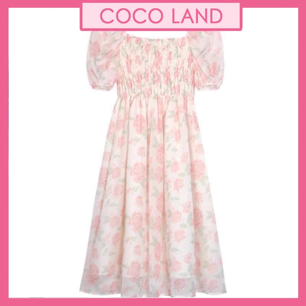 Đầm - Váy babydoll voan tơ hoả hồng chun thân Vintage cocoland chất đẹp mềm mịn