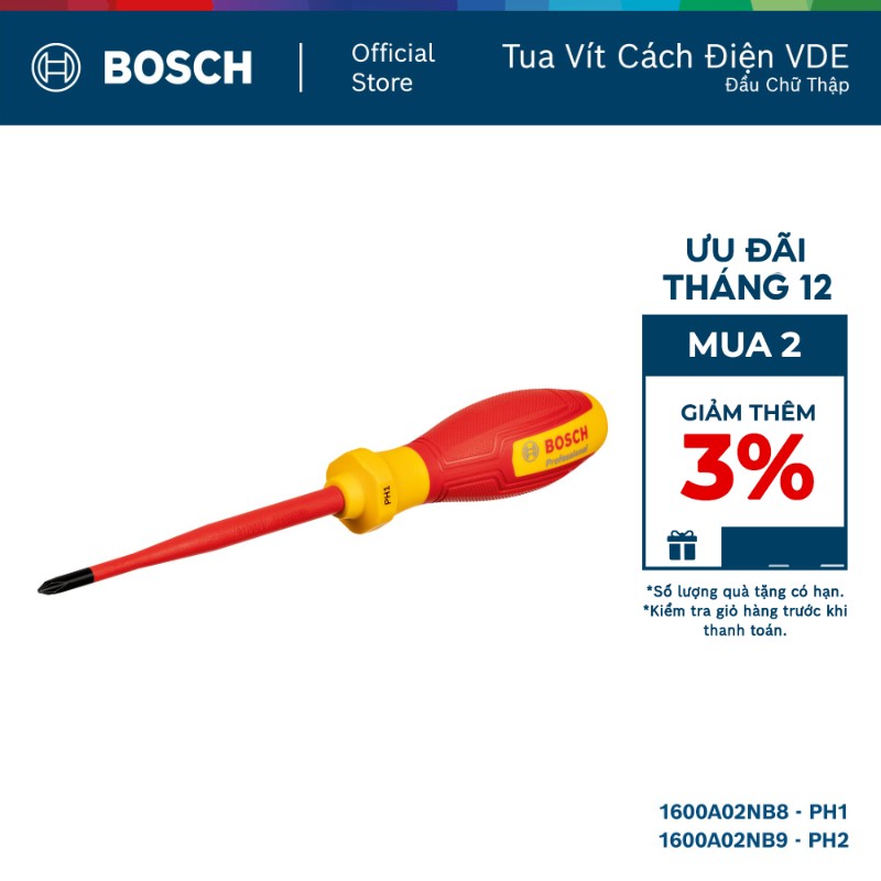  Tua Vít Cách Điện VDE Đầu Chữ Thập PH1   PH2 Bosch – An Toàn Tuyệt Đối Chuẩn Đức 
