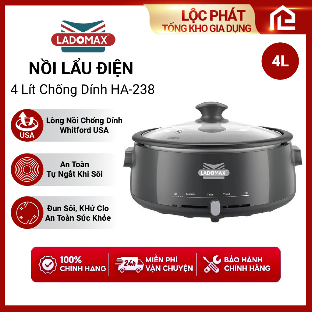 Nồi Lẩu Điện Ladomax 4L Công Suất 1360W Lòng Rời Phủ Men Chống Dính HA-237 HA-238 Chính Hãng BH 12 Tháng
