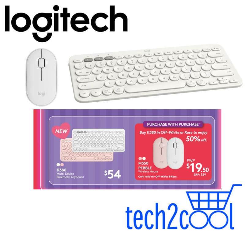 Logitech K380 White Bluetooth Only Keyboard/Pebble M350 Off-White Wireless Mouse Bundle Singapore