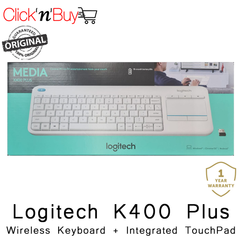 Logitech K400 Plus Wireless Keyboard + Intergrated TouchPad. Control PC to TV entertainment from your couch. Compact Size. USB Wireless. 18 Months Battery Life. Local SG Stock. 1 Year Warranty.. (In White) Singapore