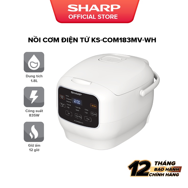 Nồi cơm điện tử sharp ks-com183mv-wh - dung tích 1.8 lít,công nghệ nấu 3d,lòng nồi phủ nhôm chống dính,chức năng hẹn giờ 24 giờ,giữ ấm 12 giờ.bảng điều khiển tiếng việt cài đặt sẵn dễ sử dụng.bảo hành 12 tháng