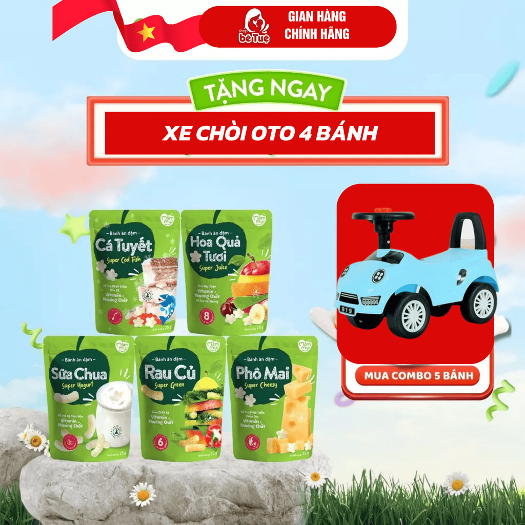 Combo 5 bánh ăn dặm Mămmy vị rau củ, phô mai, trái cây, cá tuyết, sữa chua giòn tan, vừa tay bé - gói 25g
