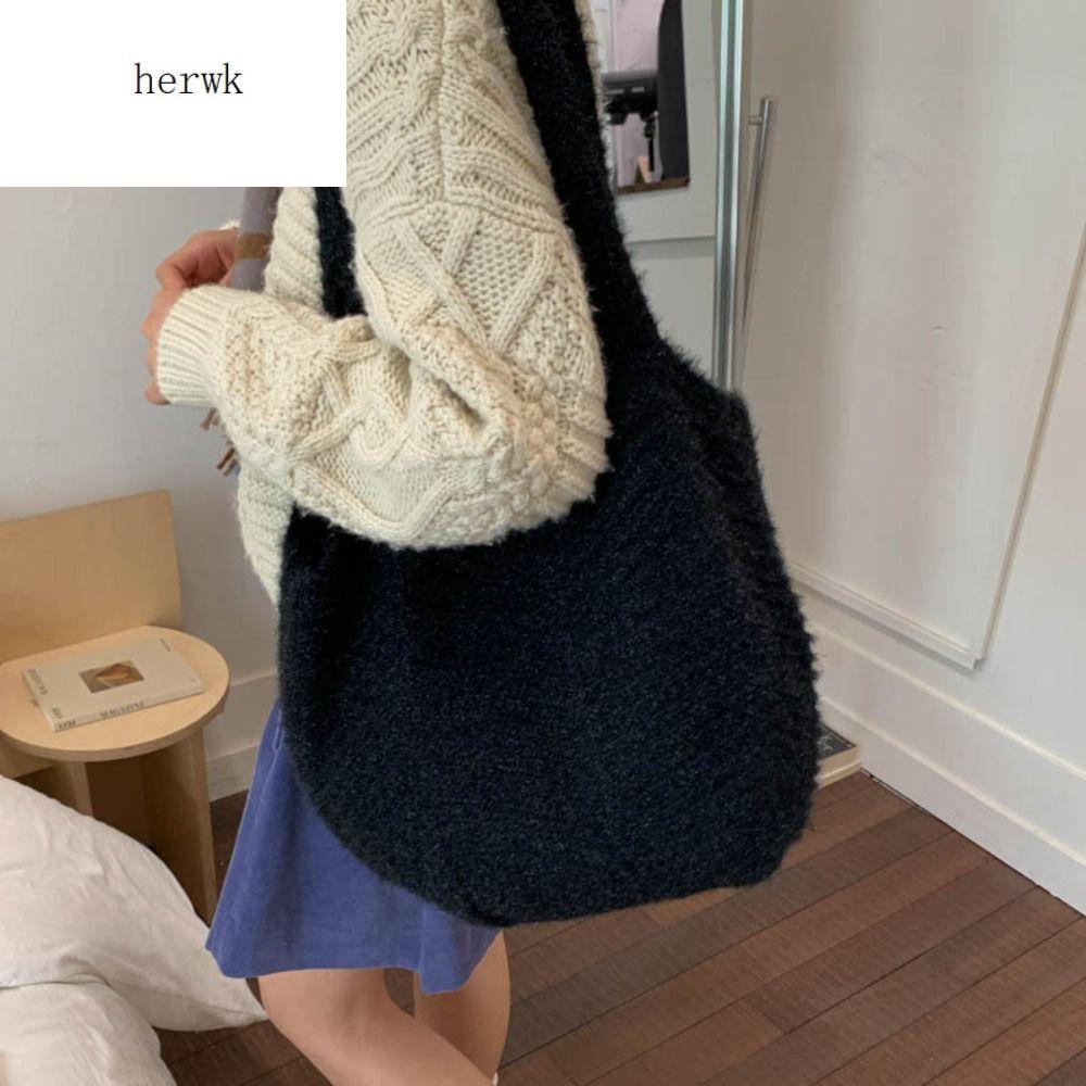 HERWK Phong cách Hàn Quốc Túi đeo vai đan Giải trí Thường ngày Túi đeo nách mùa đông Phong cách retro Túi xách Túi Tote Dệt Du lịch