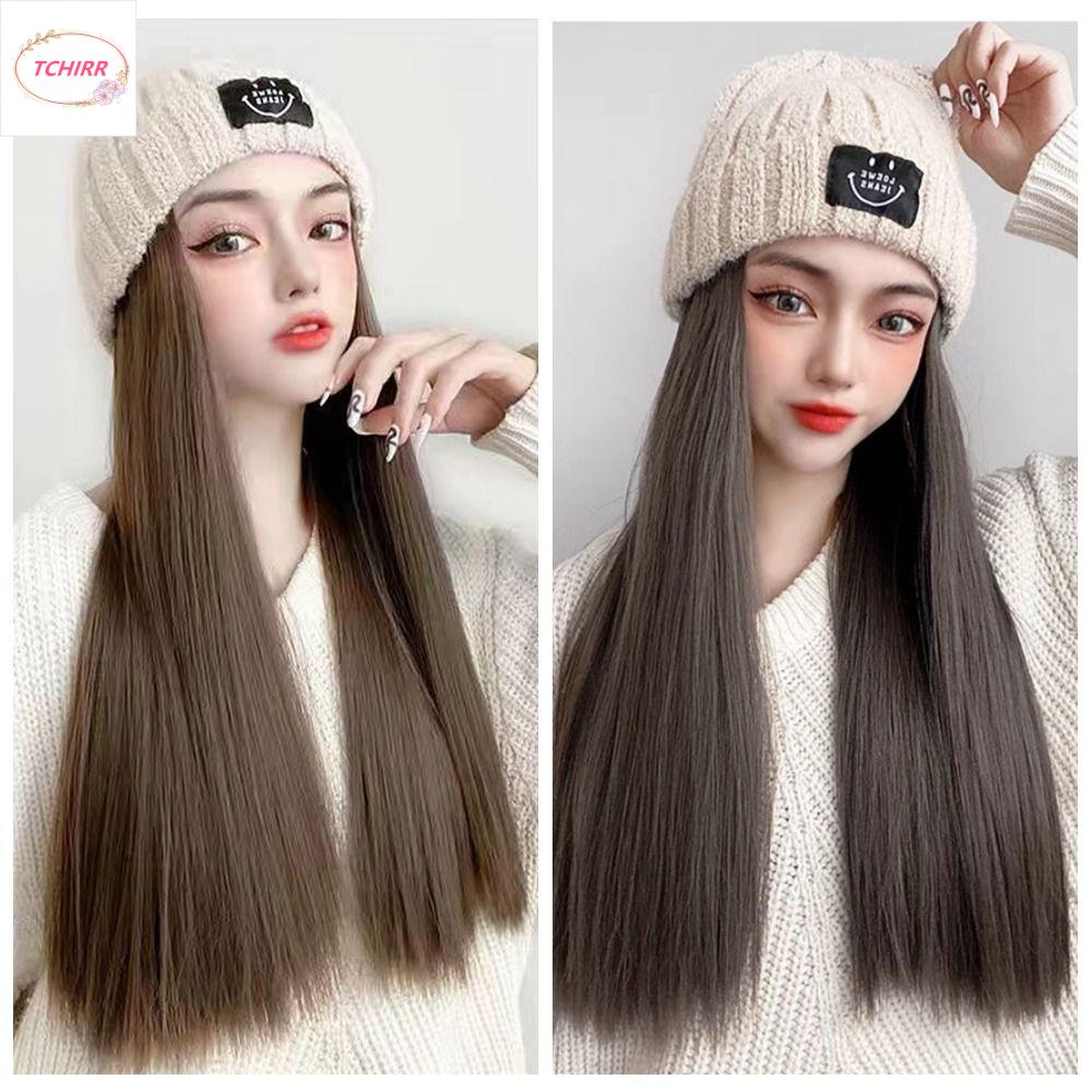 TCHIRR Mùa đông Tóc Giả mũ Tóc giả tự nhiên Phong cách Hàn Quốc Tóc Giả mũ dệt kim Phụ kiện tóc Kết nối liền mạch Tóc Giả mũ dài thẳng Bé gái