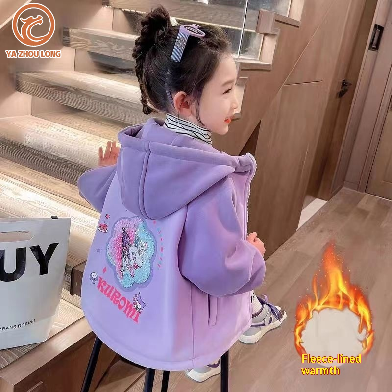 Ya zhou dài đáng yêu cho trẻ em áo có mũ mùa đông với lót lông cừu dày, thời trang phong cách Hàn Quốc Zip-up Áo khoác cho cô gái