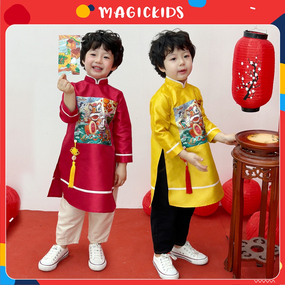 Áo dài Tết cho bé trai 2 3 4 5 6 7 8 9 10 tuổi mẫu  2024 Magickids in Lân chất taffa kèm dây treo Quần áo trẻ em AD22007