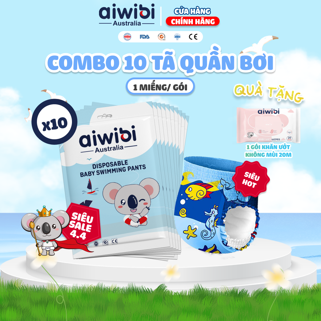  Combo 10 Tã bỉm bơi Aiwibi Vừa khít và thoải mái tã bơi cho bé 1 miếng Chống rò rỉ và chống vi khuẩn M L XL XXL XXXL 