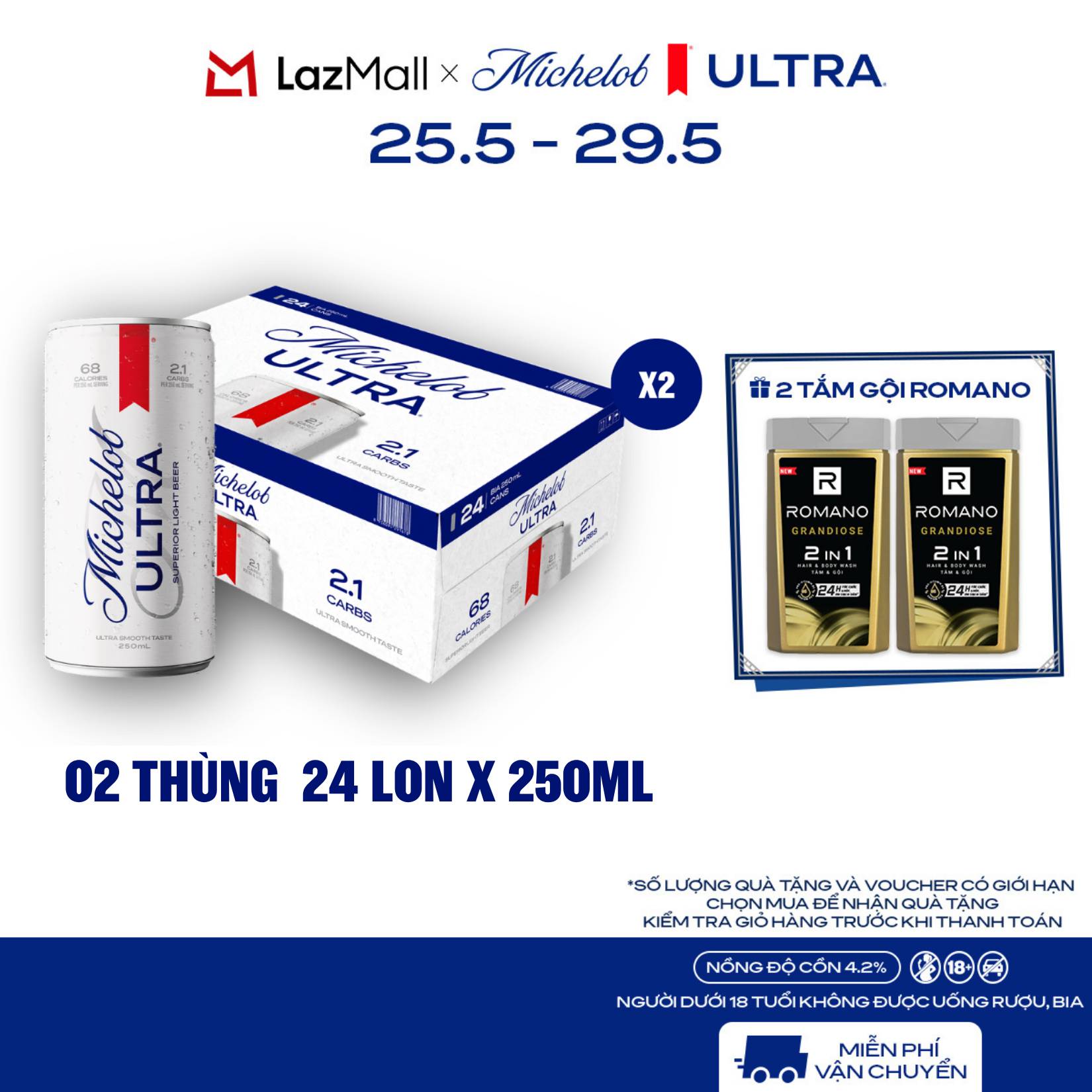 Nồng Độ Cồn 4.2% -  Combo 2 Thùng 24 Lon Bia Michelob ULTRA Chính Hãng (250ml/ lon)