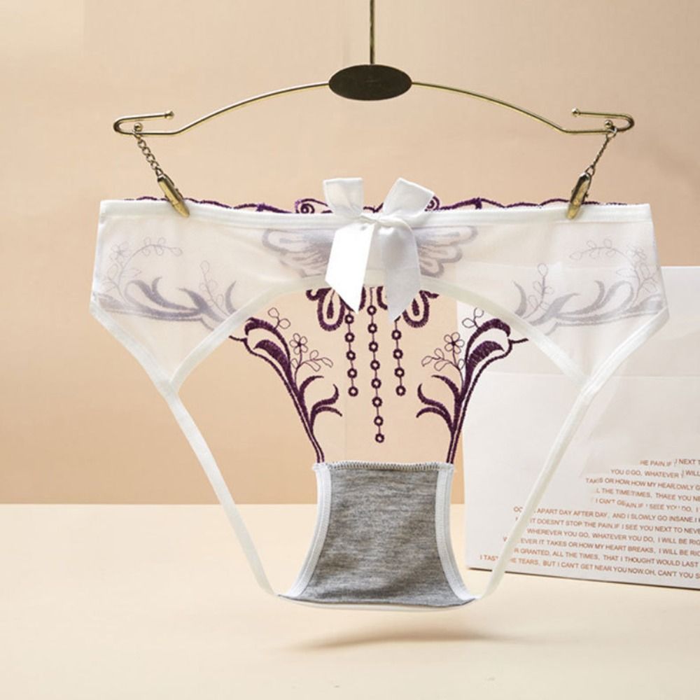 SUPERRR Eo Thấp Quần lót ren khoét lỗ thắt nơ Mỏng Đũng quần cotton hở Quần lọt khe lưới thêu hình b