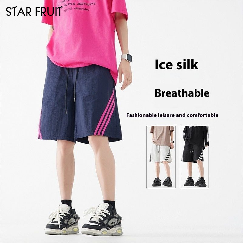 STAR FRUIT กางเกงขาสั้นกีฬาลายทางสไตล์อเมริกันกางเกงลำลองสำหรับผู้ชายกางเกงขาตรงห้าส่วนทรงหลวม ราคา 169 บาท*ส่งฟรี