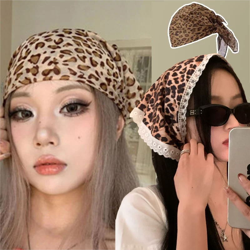 Retro Spice Girls Leopard Print Headscarf Dual Use Satin Thin Edge Scarves Leopard Print Turban Hair Scarf Hair Accessories