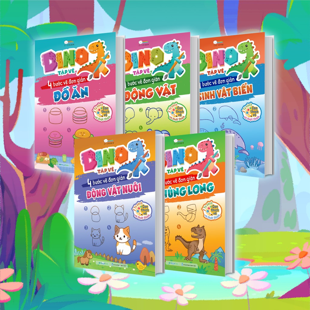 Sách Combo DINO tập vẽ - 4 bước tập vẽ đơn giản cho bé (5 cuốn) - 10 trang stickers