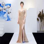 Sequined V-Neck Mermaid Evening Gown by <Brand>