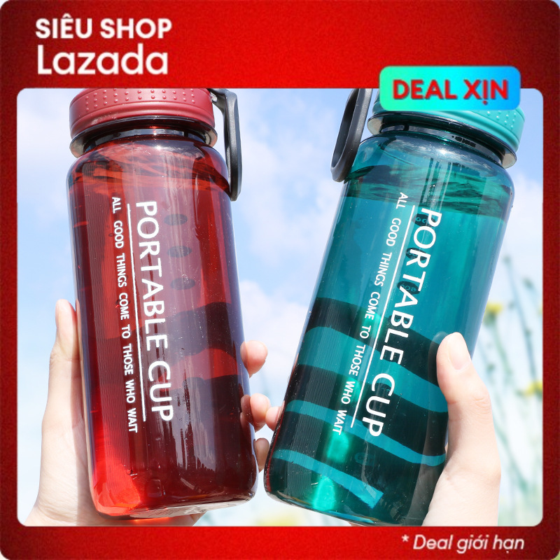 Bình nước tập gym cao cấp 1000ml có quai xách, nắp chống gỉ nước xoay 360, bình đựng nước đi học, thể thao