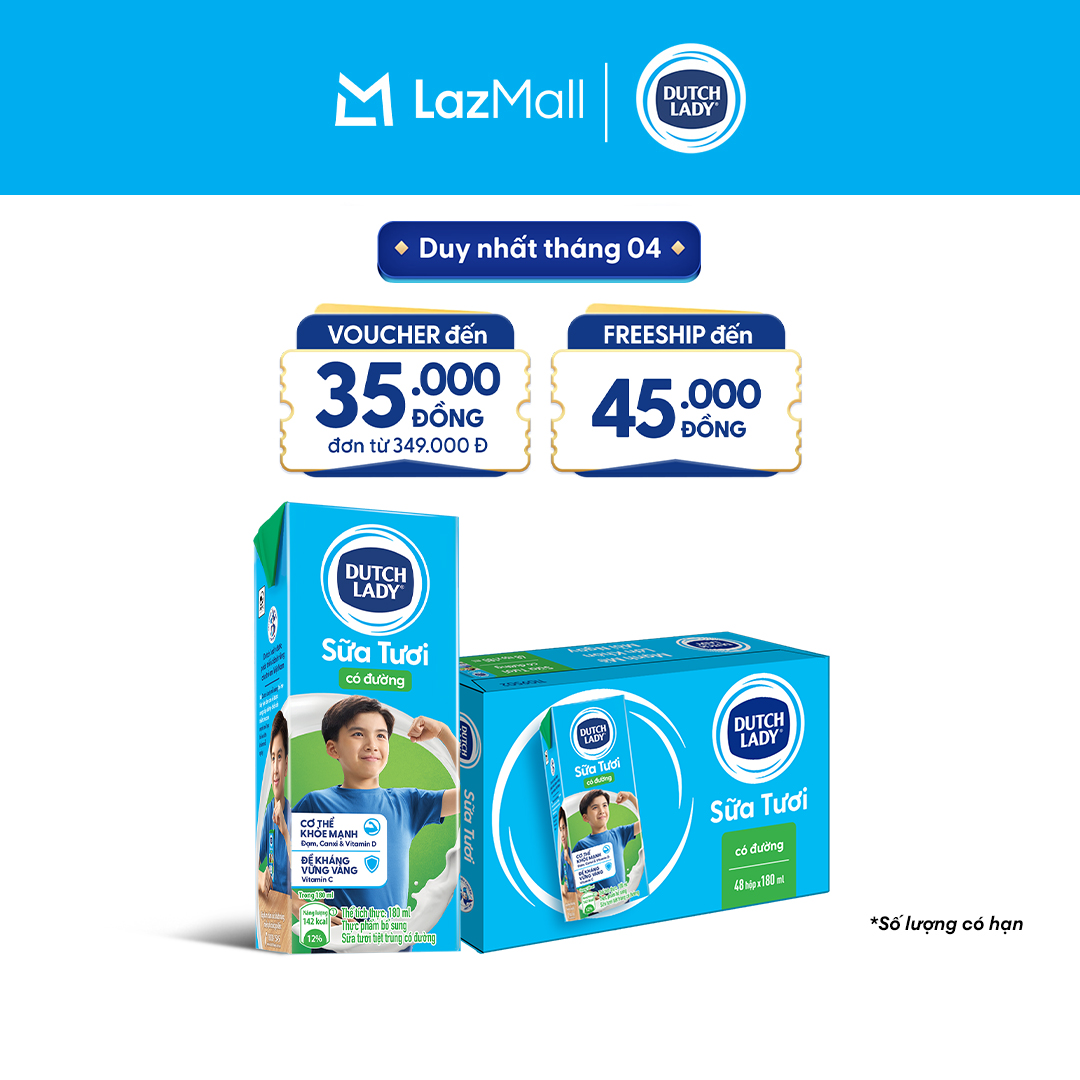 Thùng 48 Hộp Sữa Tươi Tiệt Trùng Dutch Lady Cô Gái Hà Lan Có Đường 180ml (48x180ml)