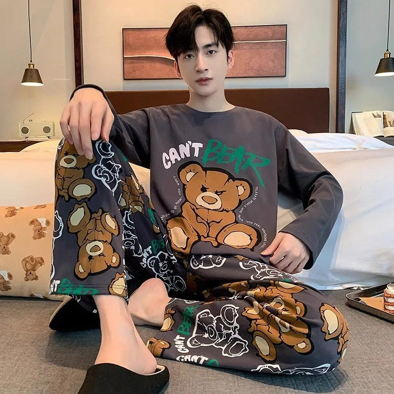  1 bộ đồ ngủ cho dài tay cho nam P Loose Casual quần quần ngủ + rinted áo đồ ngủ phong cách Hàn Quốc 