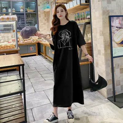 The new summer Korean version of the large size maternity clothes cartoon cover belly loose slimming dress western style over-the-knee long skirt pregnancy T-shirt