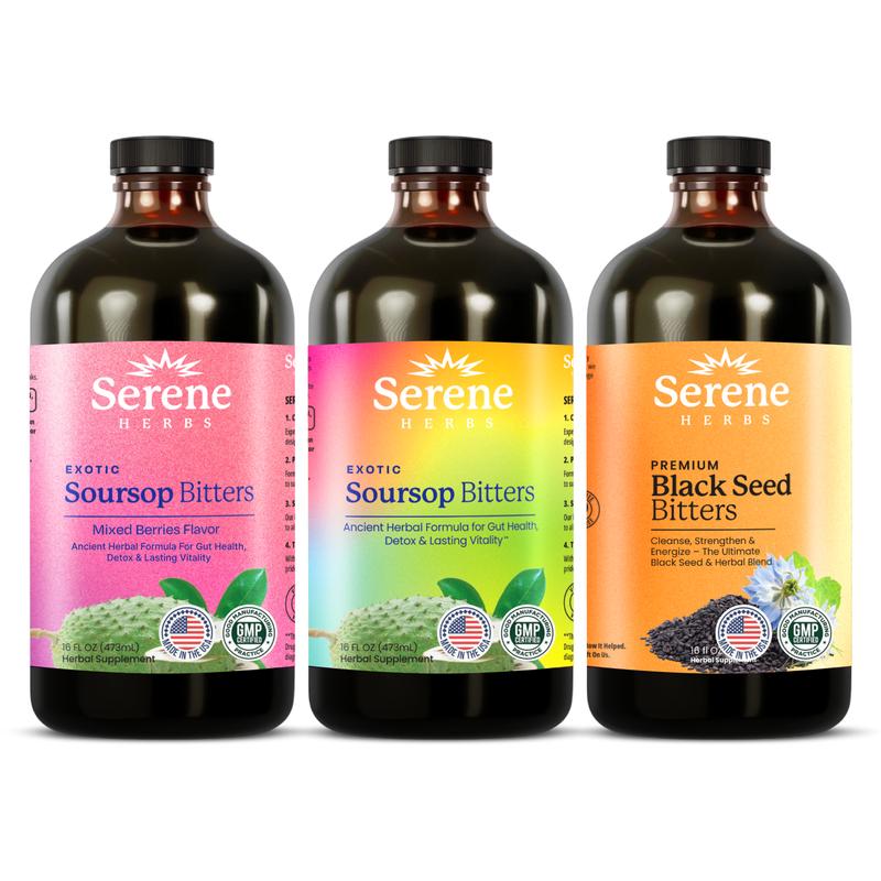 (jsakdasghdjsa) Serene Herbs Triple Power Bundle - Organic Soursop, Mixed Berry & Black Seed Bitters for Health & Diet - Premium Acv Supplement Giá 990,787 Đồng*Miễn phí vận chuyển