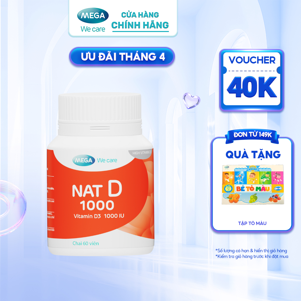 Viên uống tăng cường hấp thu canxi, xương chắc khoẻ - Vitamin D3 - NAT D 1000 Mega We Care (60 viên)