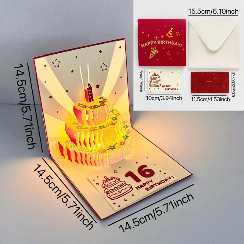 3D Music Light Birthday Card Creative Pop Up Cake Musical Light Greeting Card Birthday Party Gift Message Card with Envelope