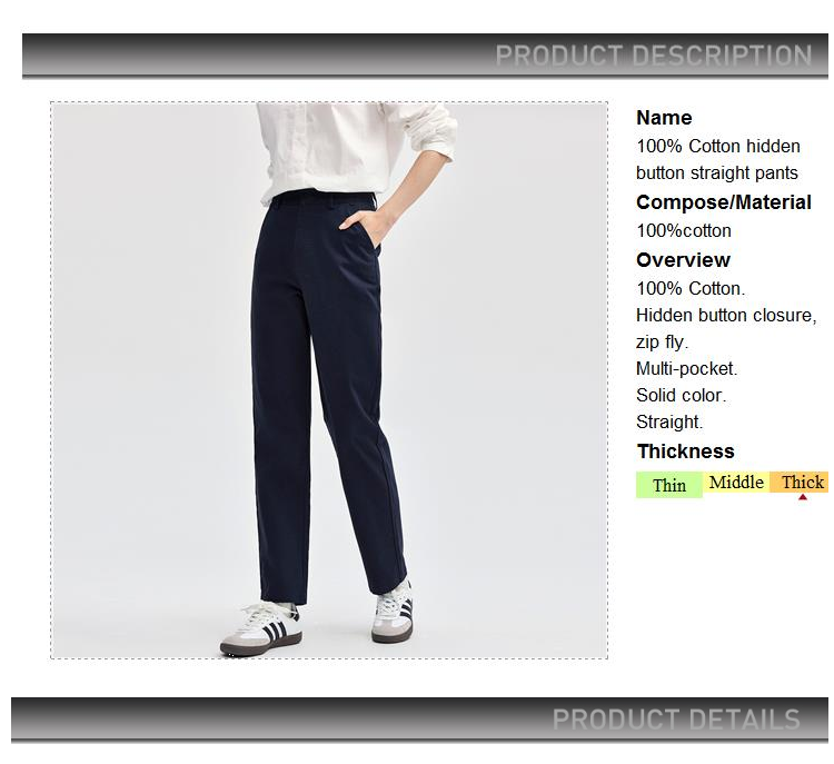 Giordano Women 100% Cotton hidden button straight pants Free Shipping 05414081 · v2