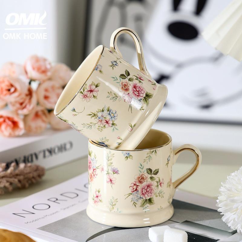 OMK European style Light Luxury Gold Rimmed Ceramic Mug 290ML Floral Design Coffee Mug 1PCS ราคา 206 บาท*ส่งฟรี