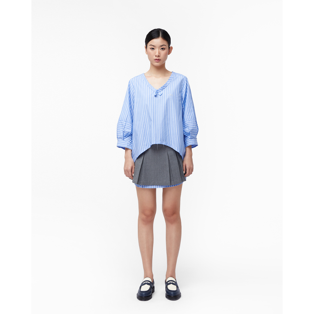 Thebluetshirt - áo kiểu nữ tay áo phồng cổ chữ v - v neck blouse - ccr blue stripe
