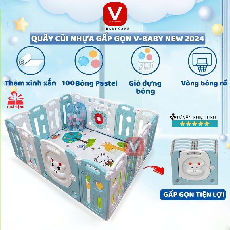 COD Quây Cũi Nhựa Gấp Gọn V-BABY NEW 2024 Tặng 100 Bóng Rổ Thảm Và Giỏ Đựng Bóng - Đồ Chơi Cho Bé FD