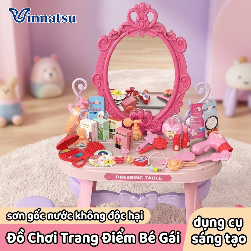 Vinnatsu Bàn trang điểm đồ chơi lâu đài gương soi nhựa ABS bền nhẹ bộ phụ kiện trang điểm giả bé tập làm đẹp chơi nhập vai