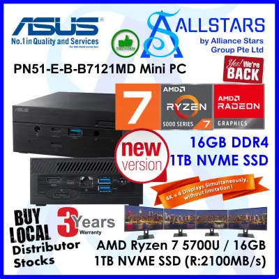 (ALLSTARS : We are Back/ Mini PC Promo) ASUS PN51 Ryzen7 5700U / PN51-E-B-B7121MD +16GB 3200MHz+1TB NVME SSD+Unactivated MS Win10 Home (AMD Ryzen 7 5700U / Intel WiFi 6 / BT5.0 / GBE LAN / HDMI+DP / USB3.2 Type-C+Type-A / card reader / Wless KB+Mouse)