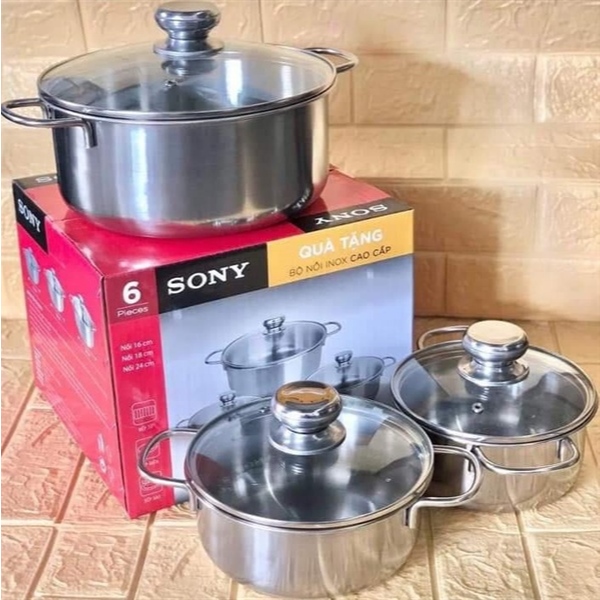 Bộ 3 Nồi SONY Dùng Mọi Loại Bếp (16cm, 18cm, 24cm) và Combo 3 Nồi Inox Có Nắp Noname. LMS
