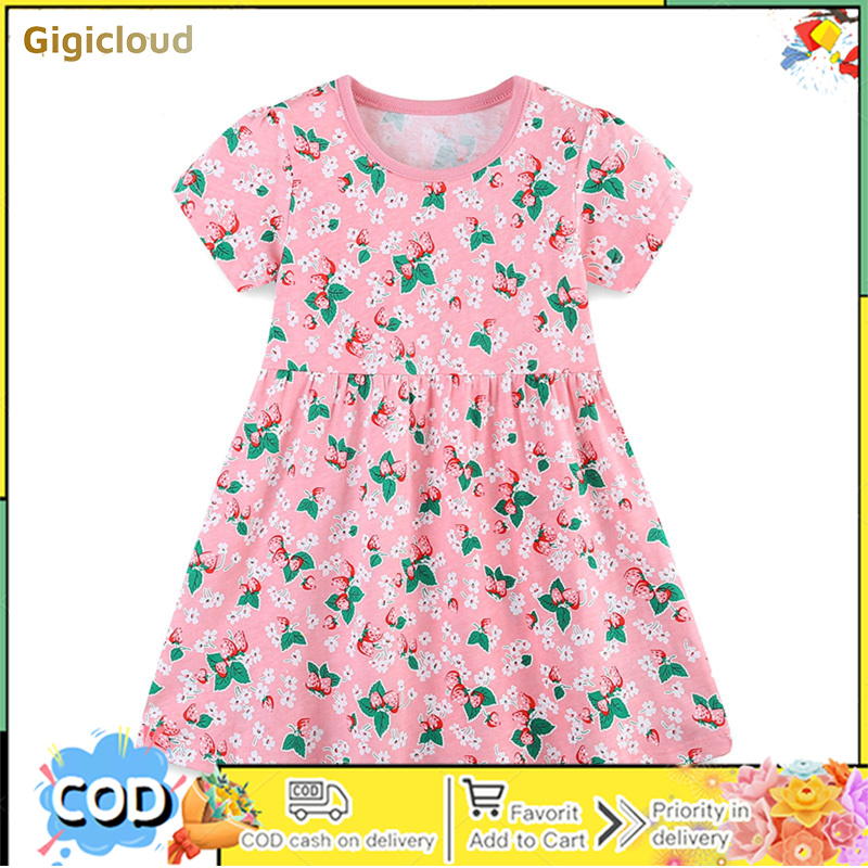 Little Girls Round Neck Dress Strawberry Short Sleeve Cartoon Strawberry Print Dress Summer Loose Fit Clothes ราคา  210 บาท*ส่งฟรี