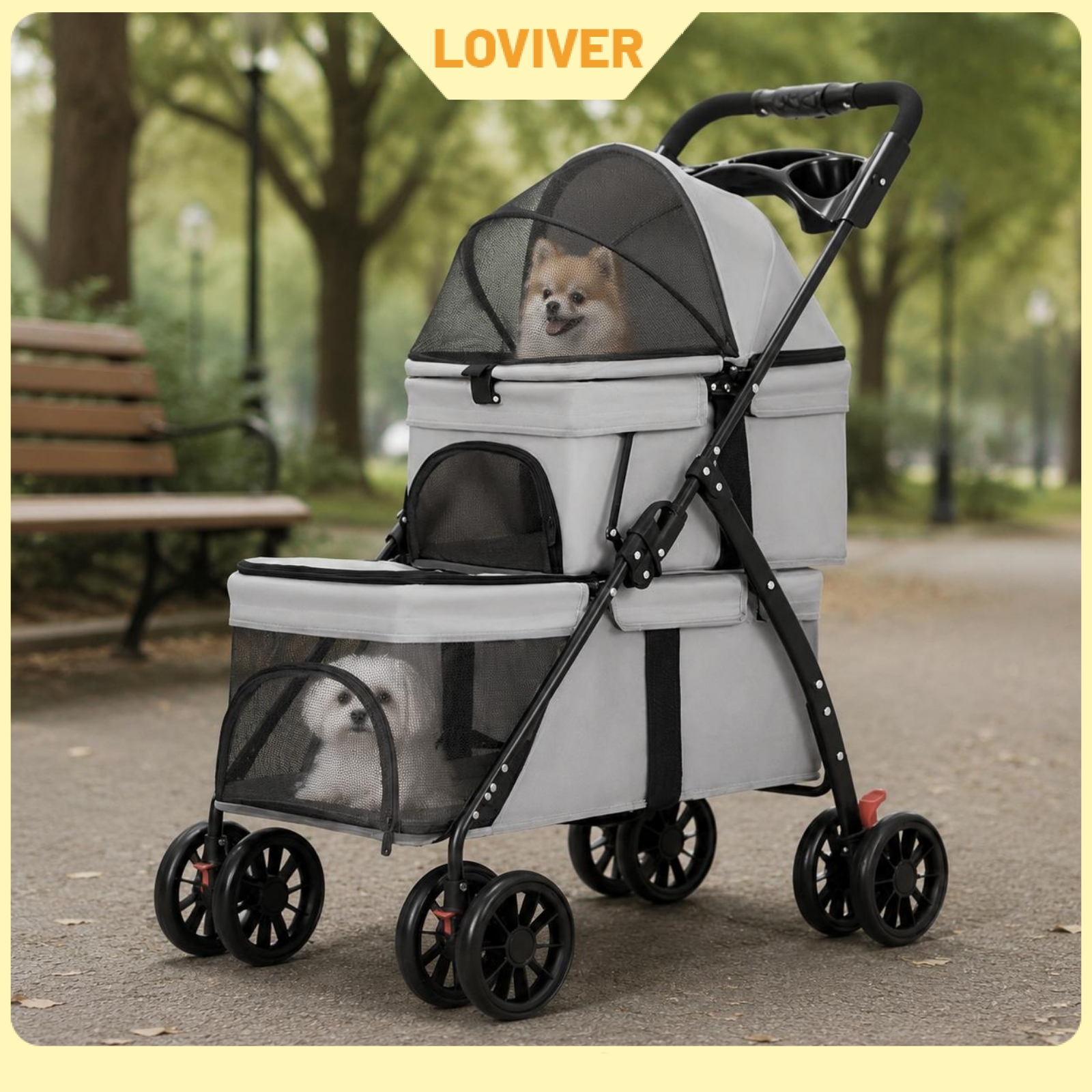 LOVIVER Lightweight Double-Deck Pet Stroller Washable Small Dog Feline Stroller Storage Pockets Pet Transport Removable Liner for Travel ราคา 10,153 บาท*ส่งฟรี