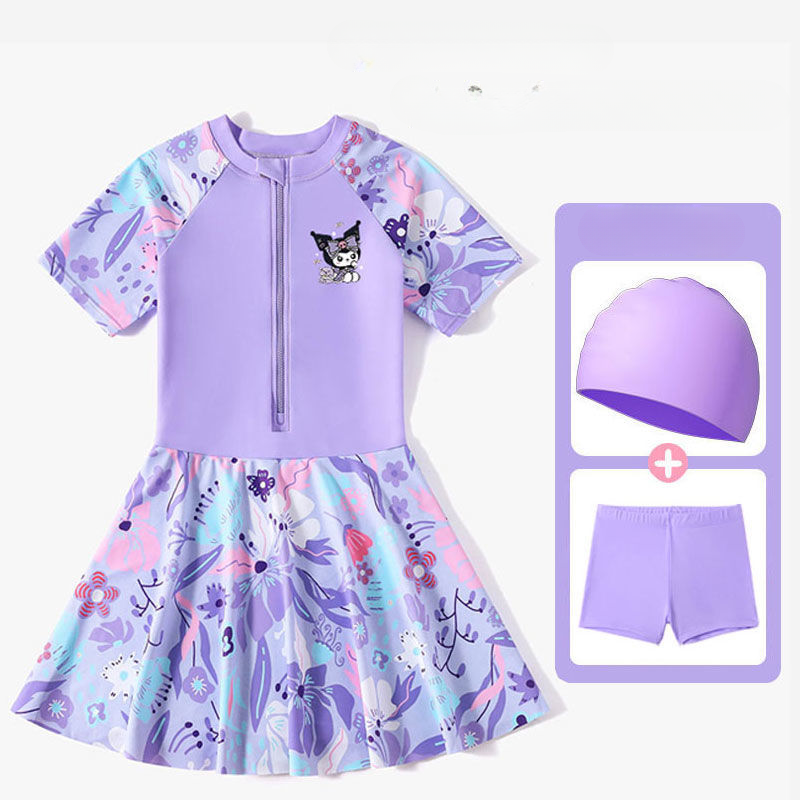 100-150 3pcs Girl Kuromi Swimsuit Zipper Swimwear(Cap + Short + Skirt) for 1-10 yrs old