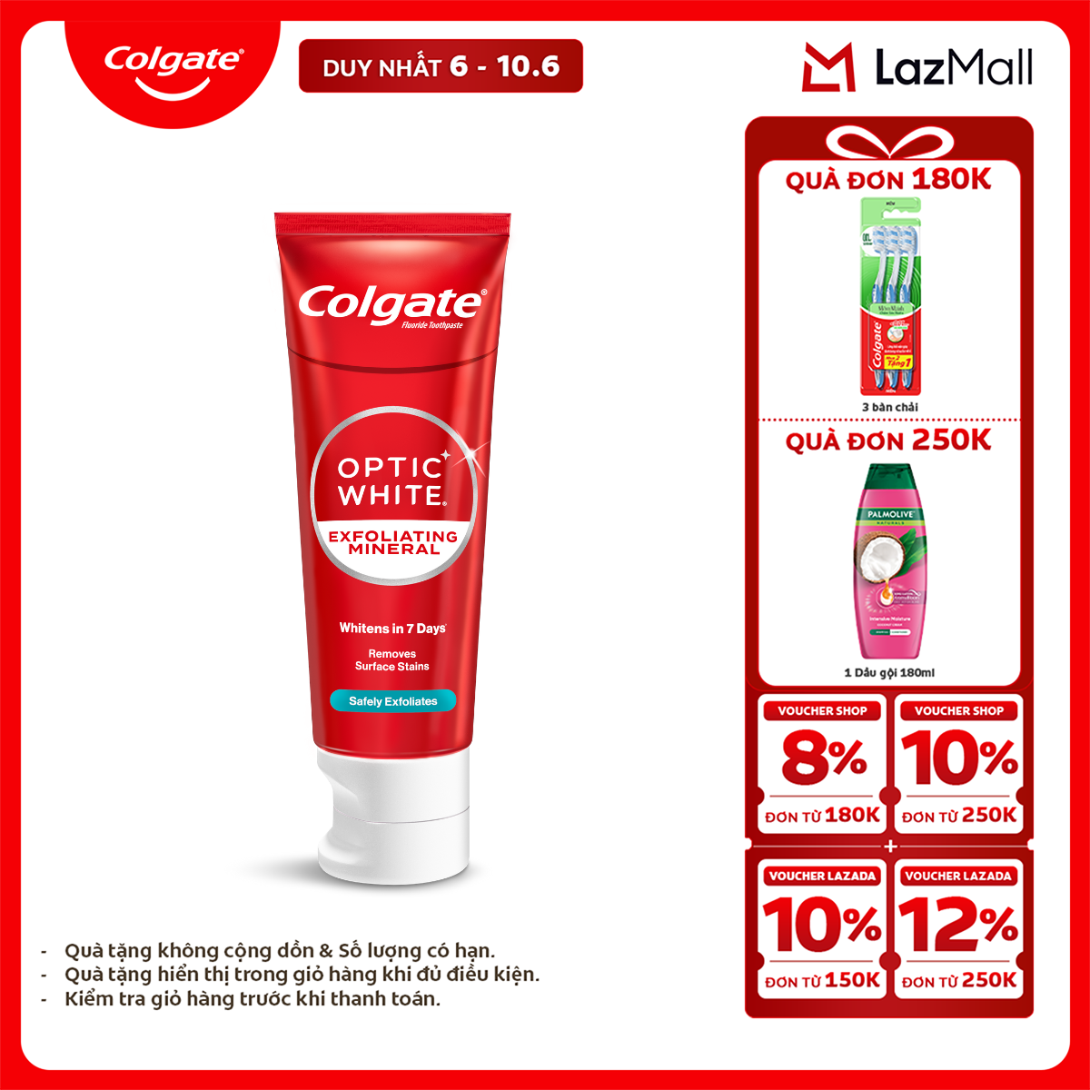 [Chỉ 6-10.6_X2 Voucher giảm 22%] Kem đánh răng Colgate trắng răng Optic White làm trắng sáng răng trong 7 ngày