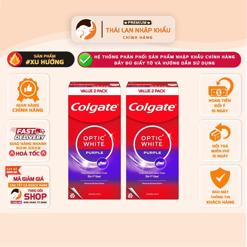 [1 Hộp 2 Tuýp] Kem Đánh Răng Colgate Optic White Purple 100G x2