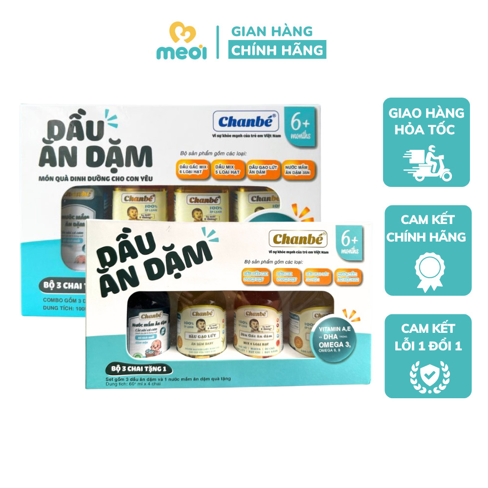 COMBO 3 chai dầu ăn dặm Chan Bé tặng 1 mắm ăn dặm cho bé, dầu gạo lứt, dầu gấc mix 6 loại hạt, dầu mix 5 loại hạt- Mẹ Ơi