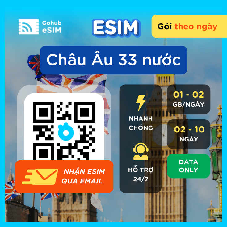 [GOHUB] eSIM du lịch 33 nước Châu Âu - Gói theo ngày ( 02 - 10 ngày) - eSIM gửi qua email